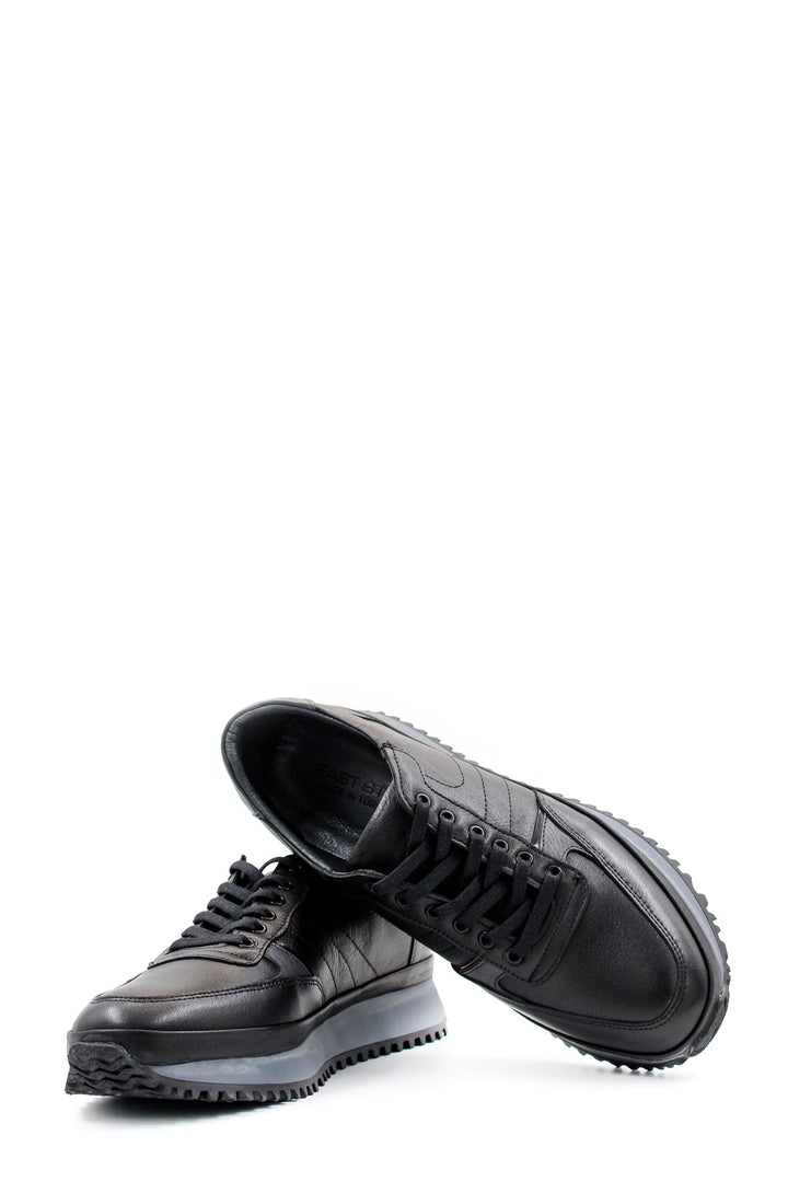Men's Black Leather Lace-Up Sneakers with Contrasting Sole - Wessi