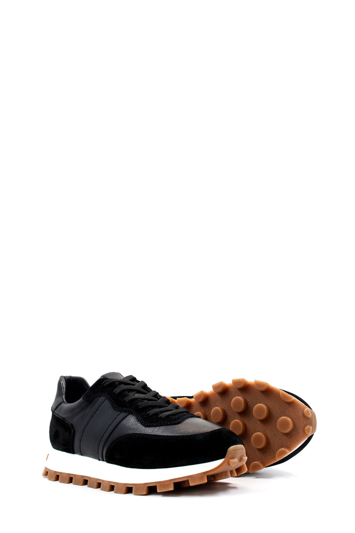 Men's Black Leather and Suede Sneakers with Contrast Sole - Wessi