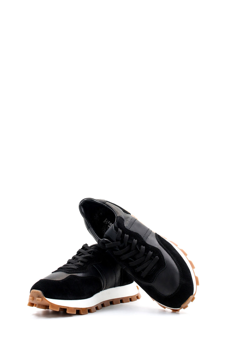 Men's Black Leather and Suede Sneakers with Contrast Sole - Wessi