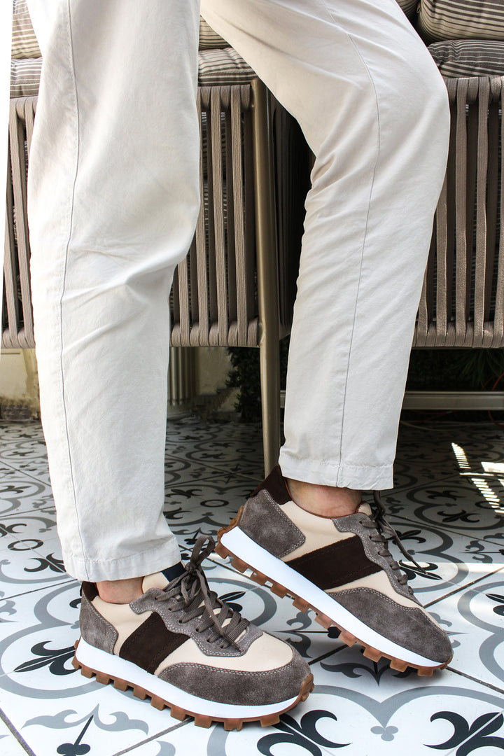 Men's Beige and Grey Suede Casual Sneakers with Brown Accents - Wessi