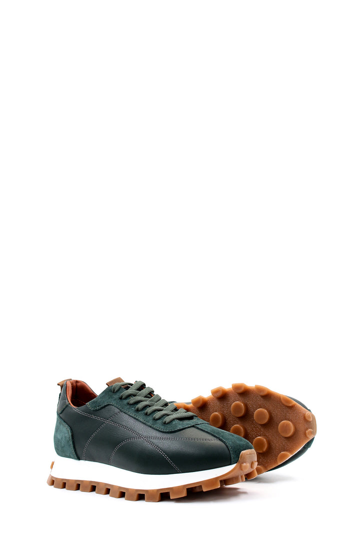 Men's Green and Brown Casual Sneakers with Suede and Leather Upper - Wessi