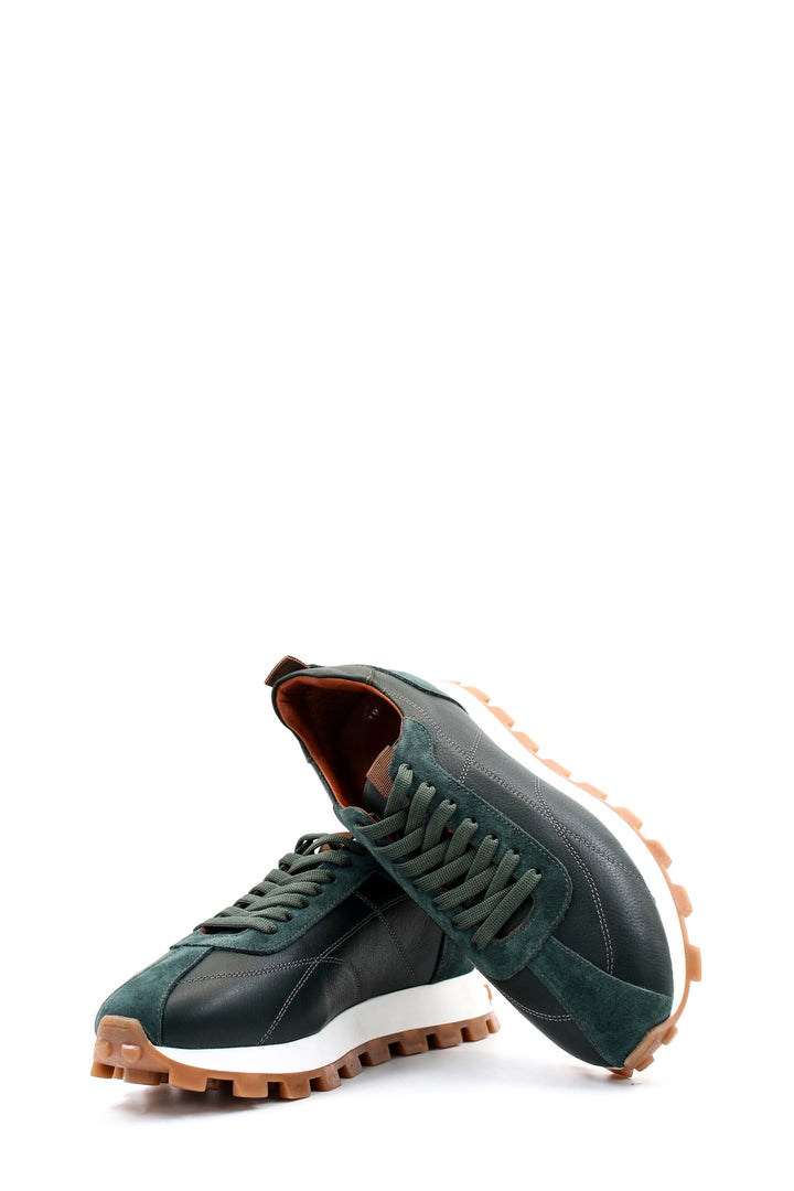 Men's Green and Brown Casual Sneakers with Suede and Leather Upper - Wessi
