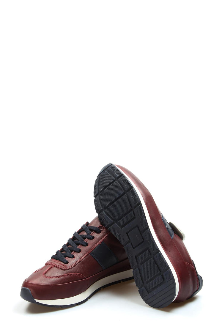 Men's Burgundy Leather Casual Sneakers-Wessi