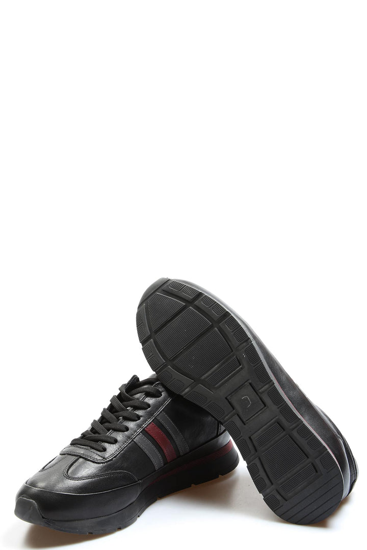 Men's Black Leather Stripe Sneakers-Wessi