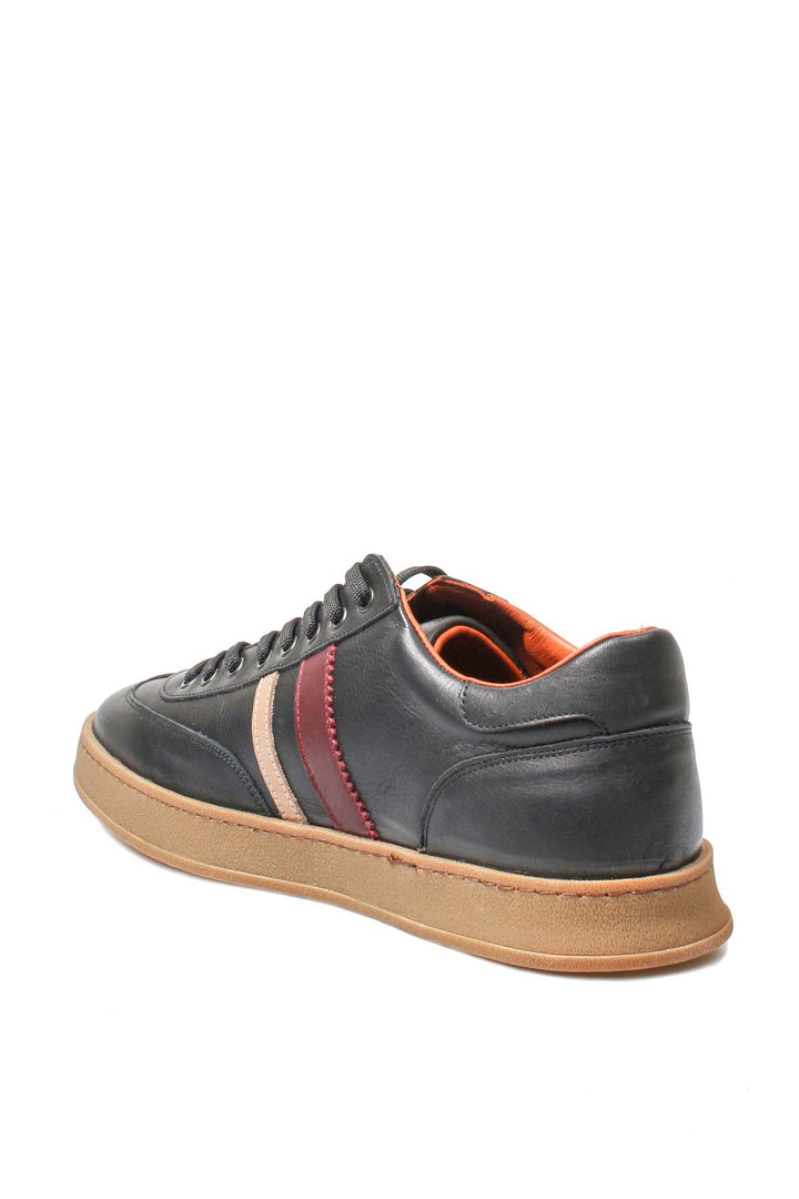Men's Black Leather Sneakers with Color Stripe and Gum Sole - Wessi