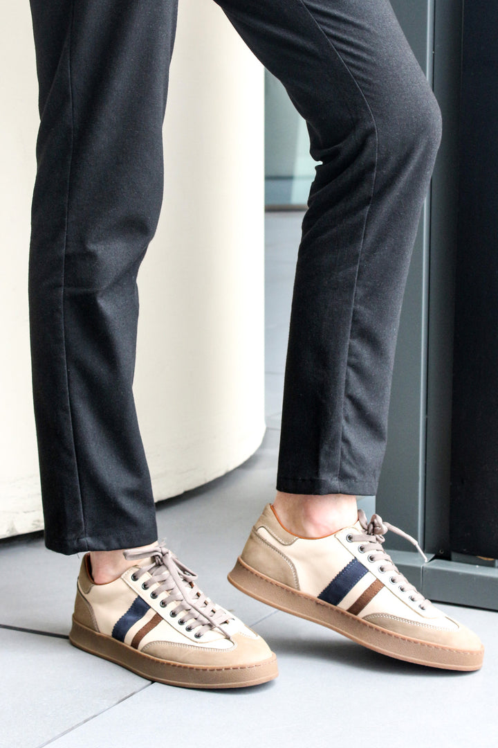 Men's Beige Leather Sneakers with Brown and Navy Stripes - Wessi