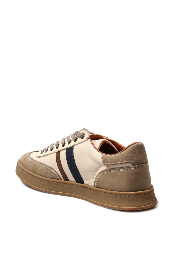 Men's Beige Leather Sneakers with Brown and Navy Stripes - Wessi