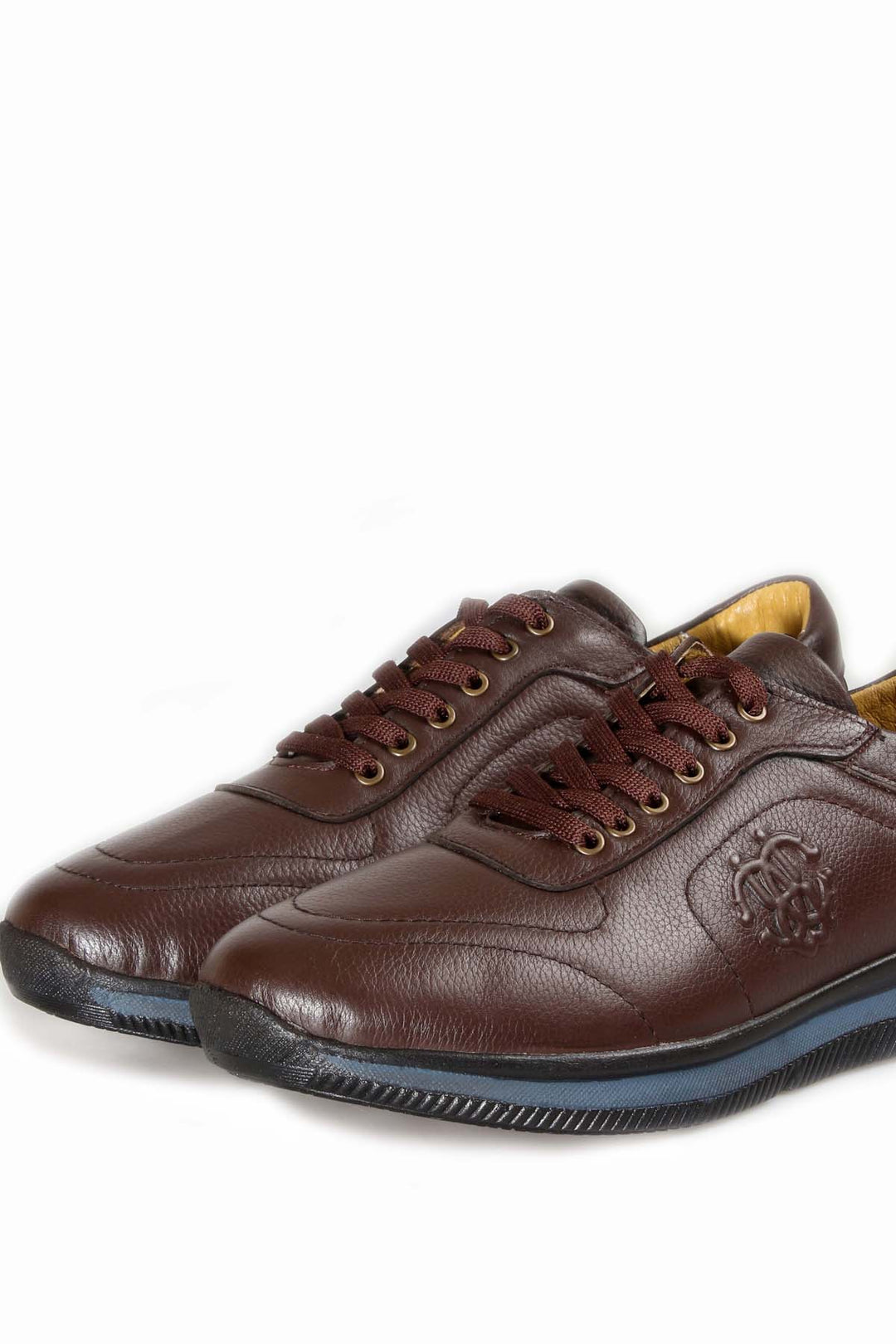 Men's Brown Leather Casual Sneakers with Blue Sole - Wessi