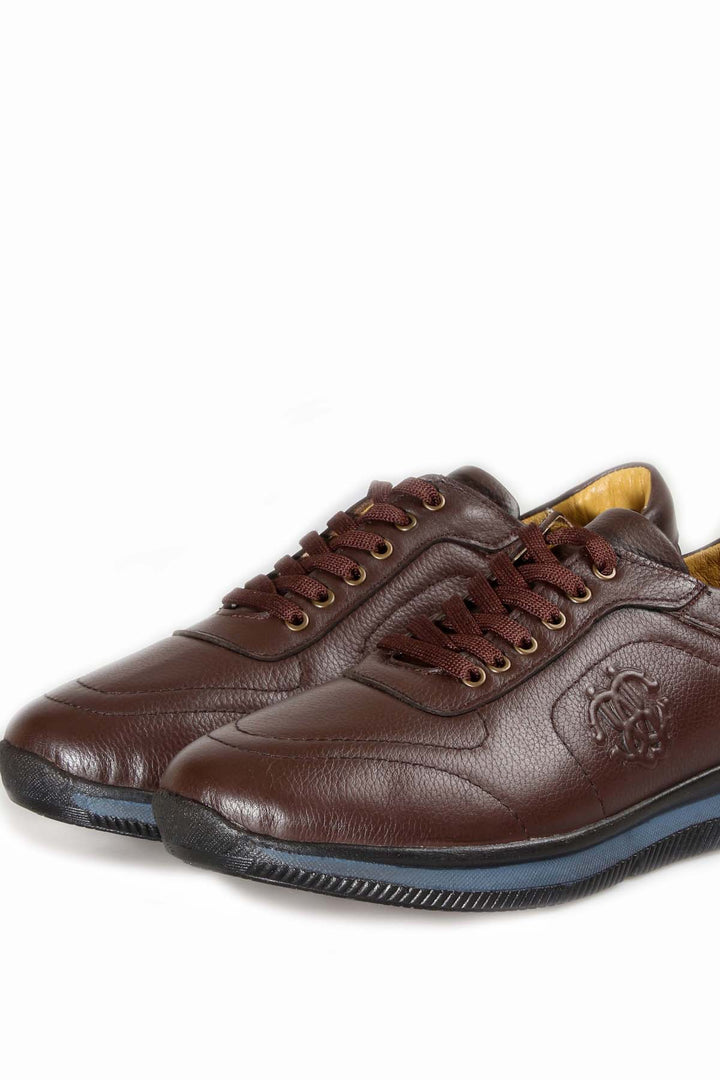 Men's Brown Leather Casual Sneakers with Blue Sole - Wessi