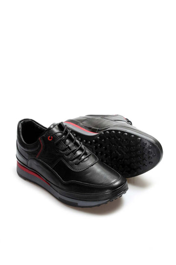 Men's Black Leather Sneakers with Red Stripe Accent - Wessi