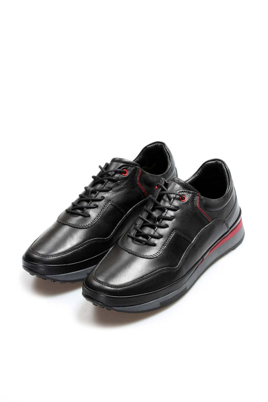 fitted lace wedding dress Men's Black Leather Sneakers with Red Stripe Accent - Wessi – Wessi
