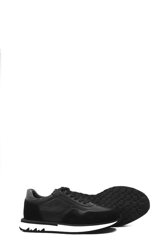 Men's Black Leather and Suede Sneakers with White Sole - Wessi