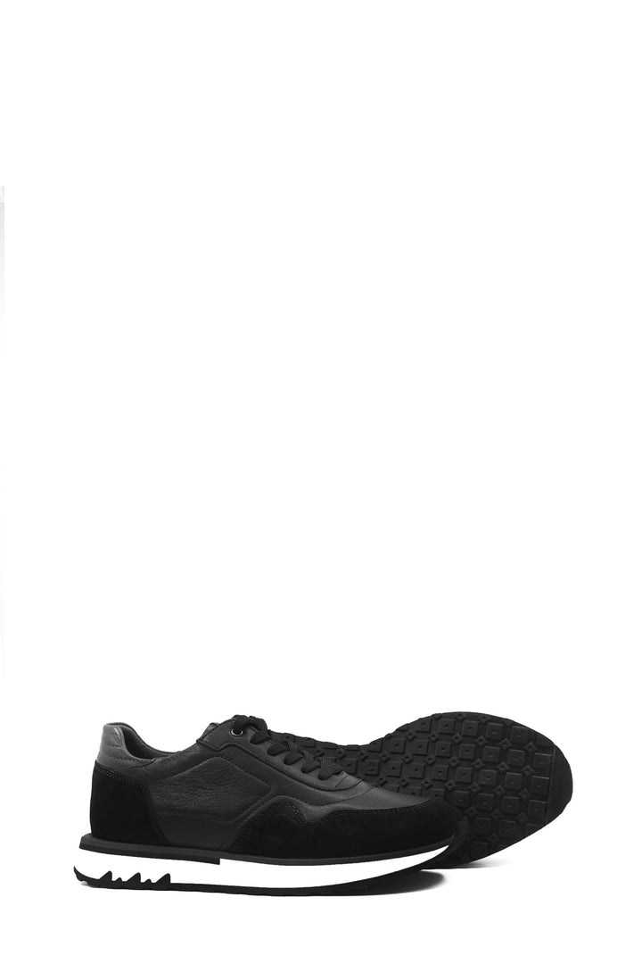 Men's Black Leather and Suede Sneakers with White Sole - Wessi