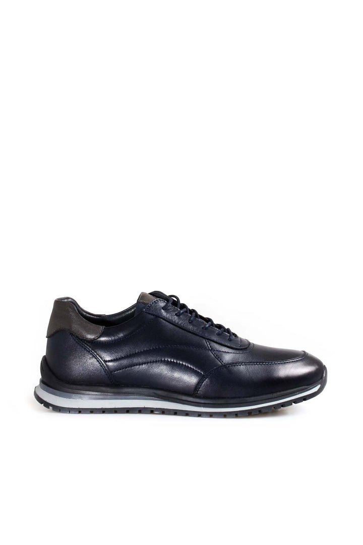 Men's Navy Blue Casual Leather Sneakers with Grey Accents - Wessi