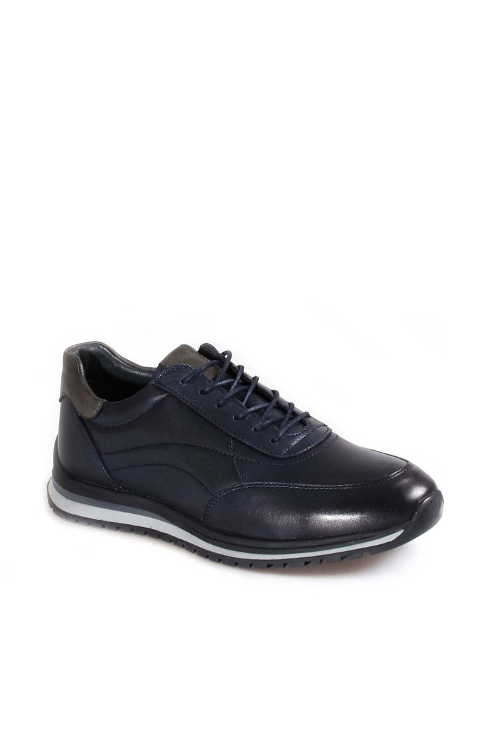 Men's Navy Blue Casual Leather Sneakers with Grey Accents - Wessi