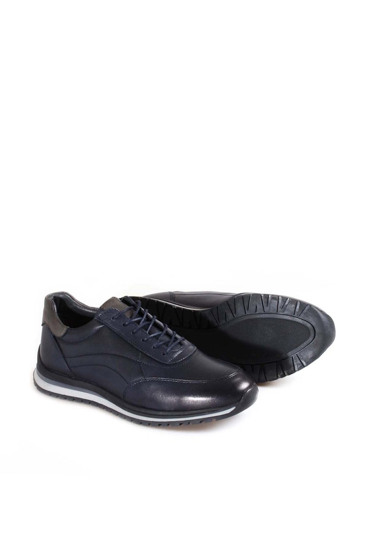 Men's Navy Blue Casual Leather Sneakers with Grey Accents - Wessi