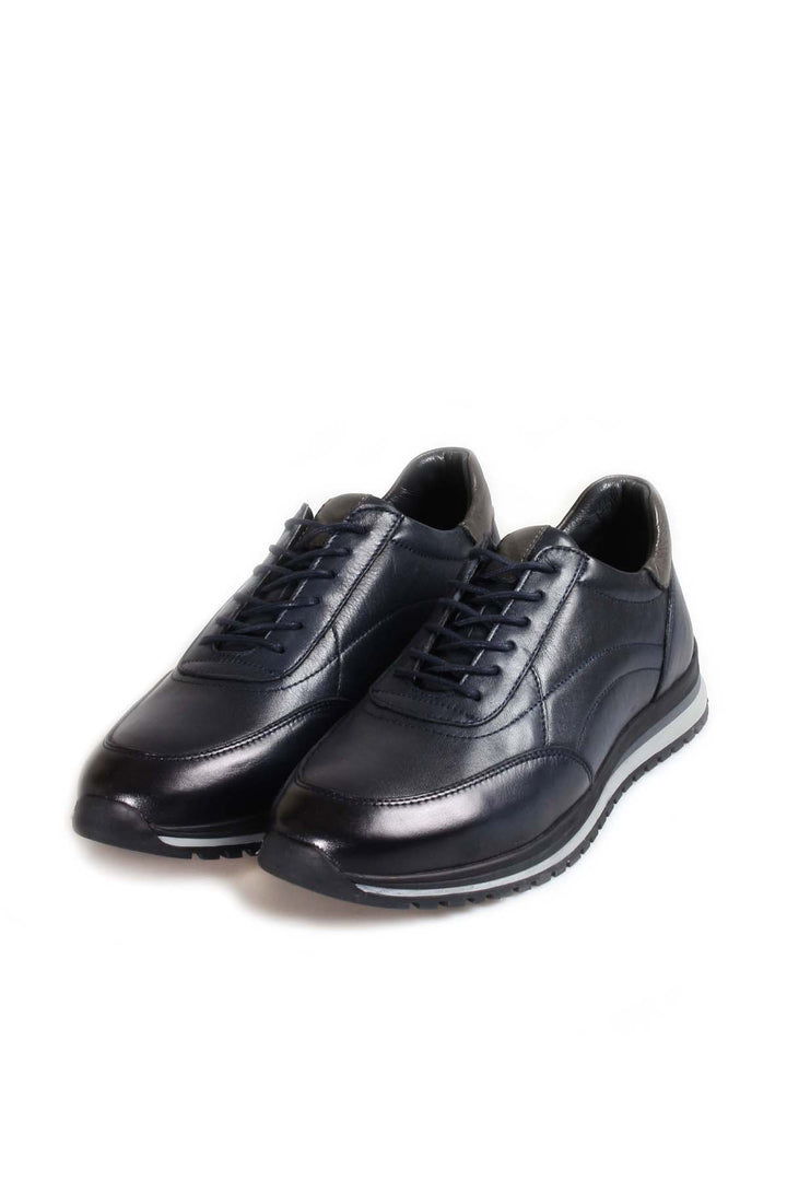 Men's Navy Blue Casual Leather Sneakers with Grey Accents - Wessi