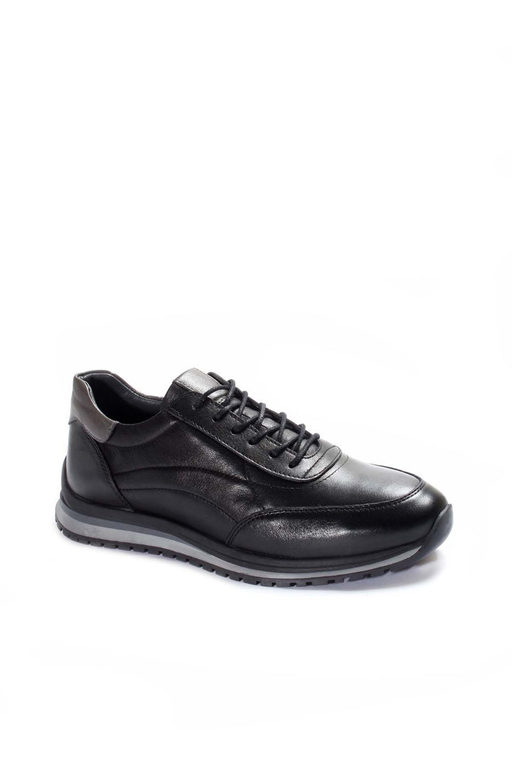 Men's Black Leather Lace-Up Sneakers with Contrast Sole - Wessi