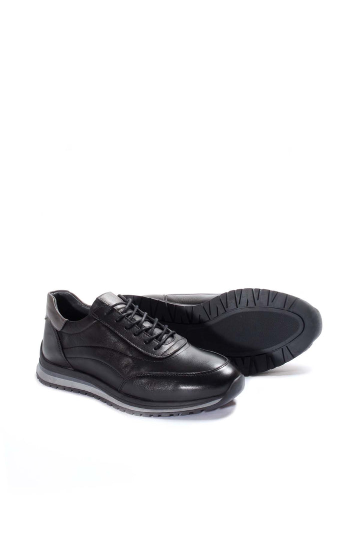 Men's Black Leather Lace-Up Sneakers with Contrast Sole - Wessi
