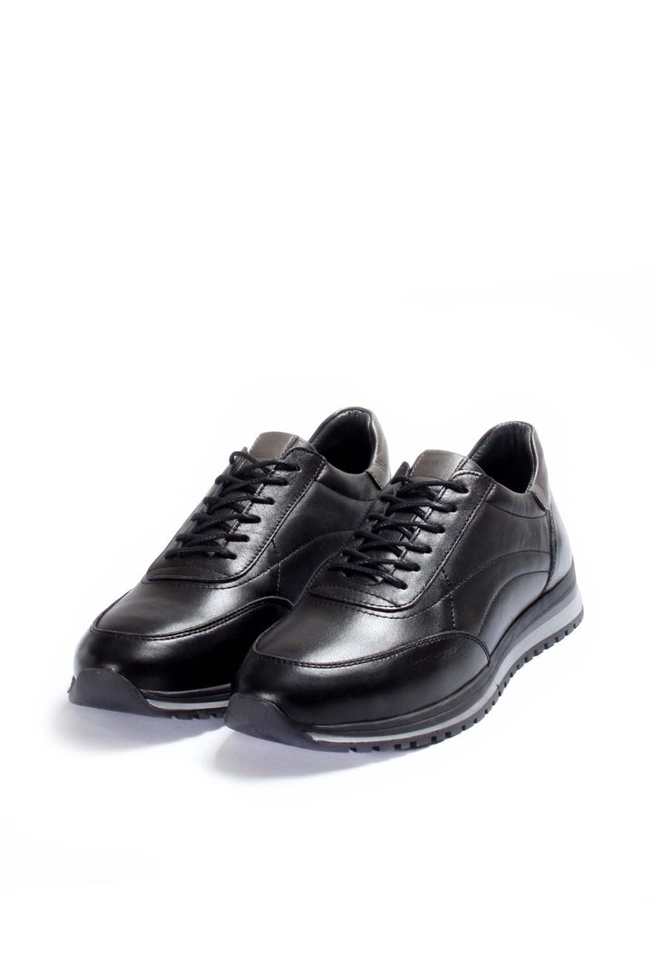 Men's Black Leather Lace-Up Sneakers with Contrast Sole - Wessi