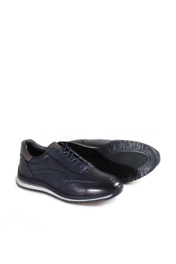 Men's Navy Blue Casual Leather Sneakers with Grey Accents - Wessi