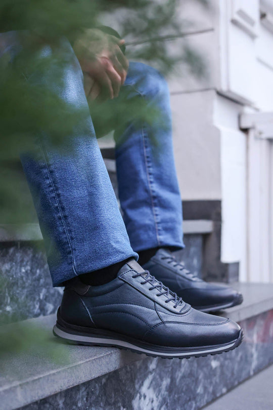 Men's Navy Blue Casual Leather Sneakers with Grey Accents - Wessi