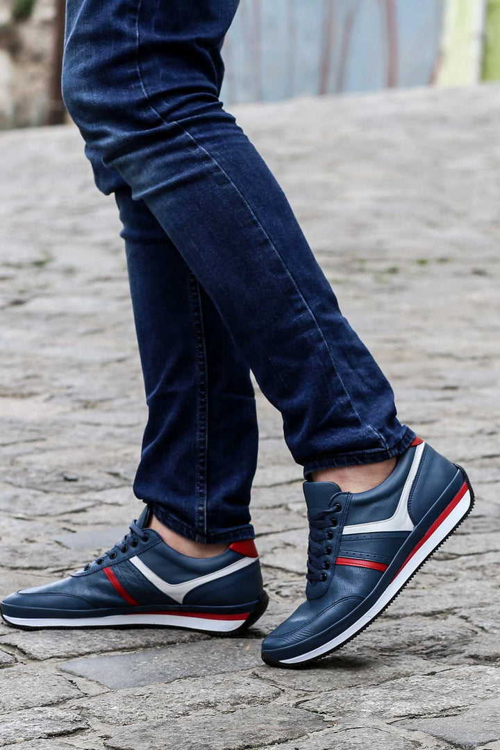 Men's Blue Leather Sneakers with Red and White Accents - Wessi