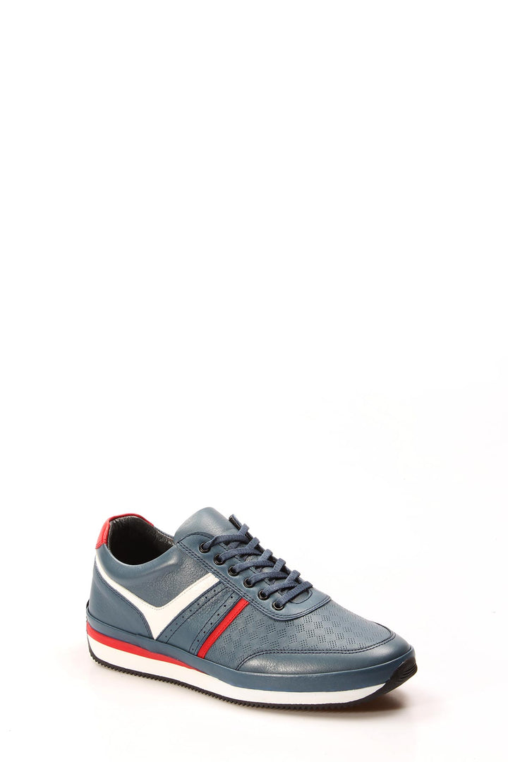 Men's Blue Leather Sneakers with Red and White Accents - Wessi