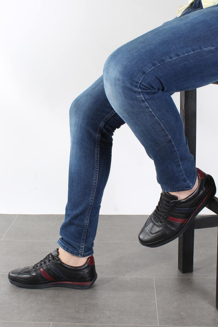 Men's Black Leather Sneakers with Red and Navy Stripes - Wessi