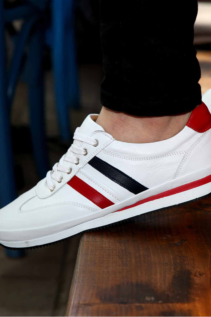 Baskets homme en cuir blanc à rayures rouges et marine - Wessi