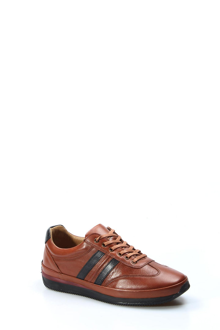Men's Brown Leather Sneakers with Dual Black Stripes - Wessi