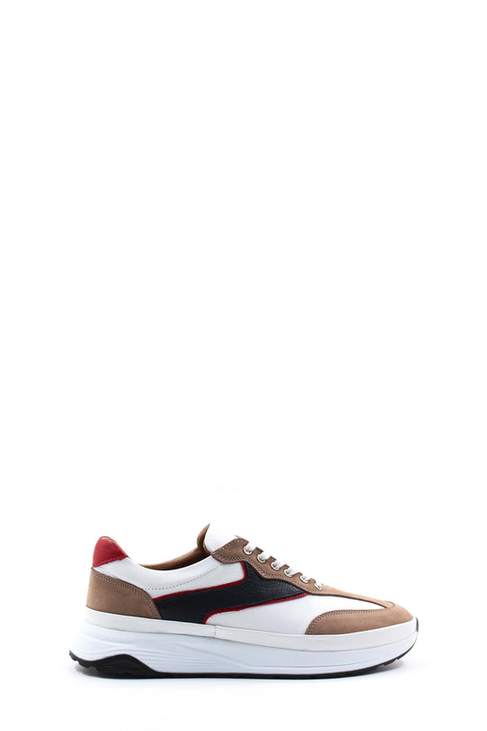 Men's Beige Black and Red Leather Sneakers with White Sole - Wessi