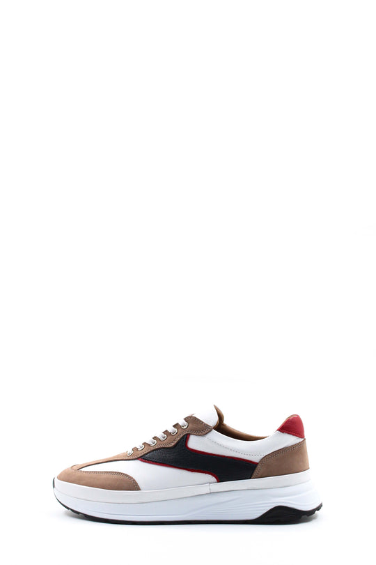 Men's Beige Black and Red Leather Sneakers with White Sole - Wessi