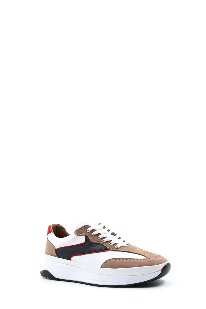 Men's Beige Black and Red Leather Sneakers with White Sole - Wessi