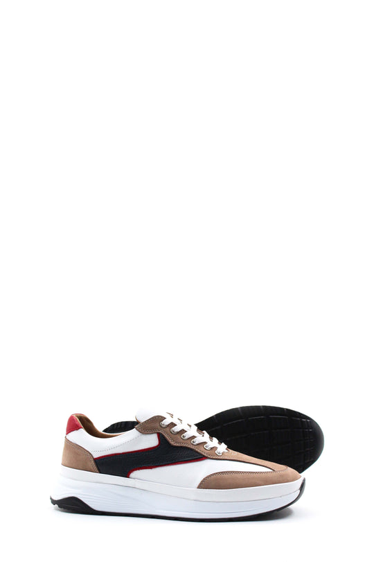 Men's Beige Black and Red Leather Sneakers with White Sole - Wessi
