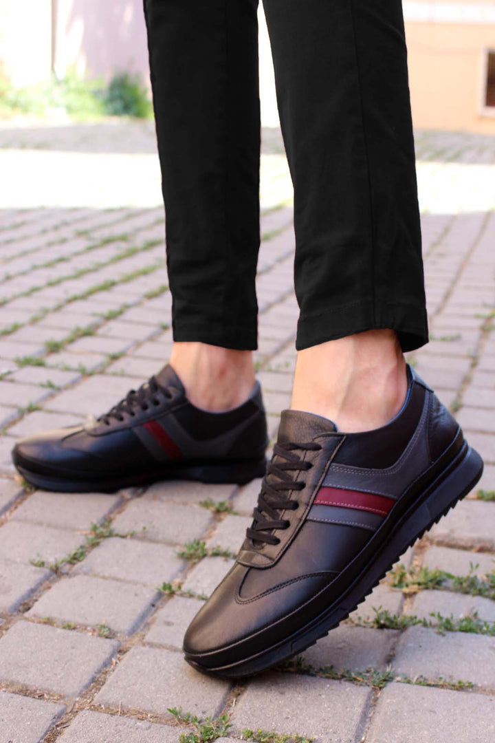 Men's Dark Brown Leather Sneakers with Burgundy Stripe - Wessi