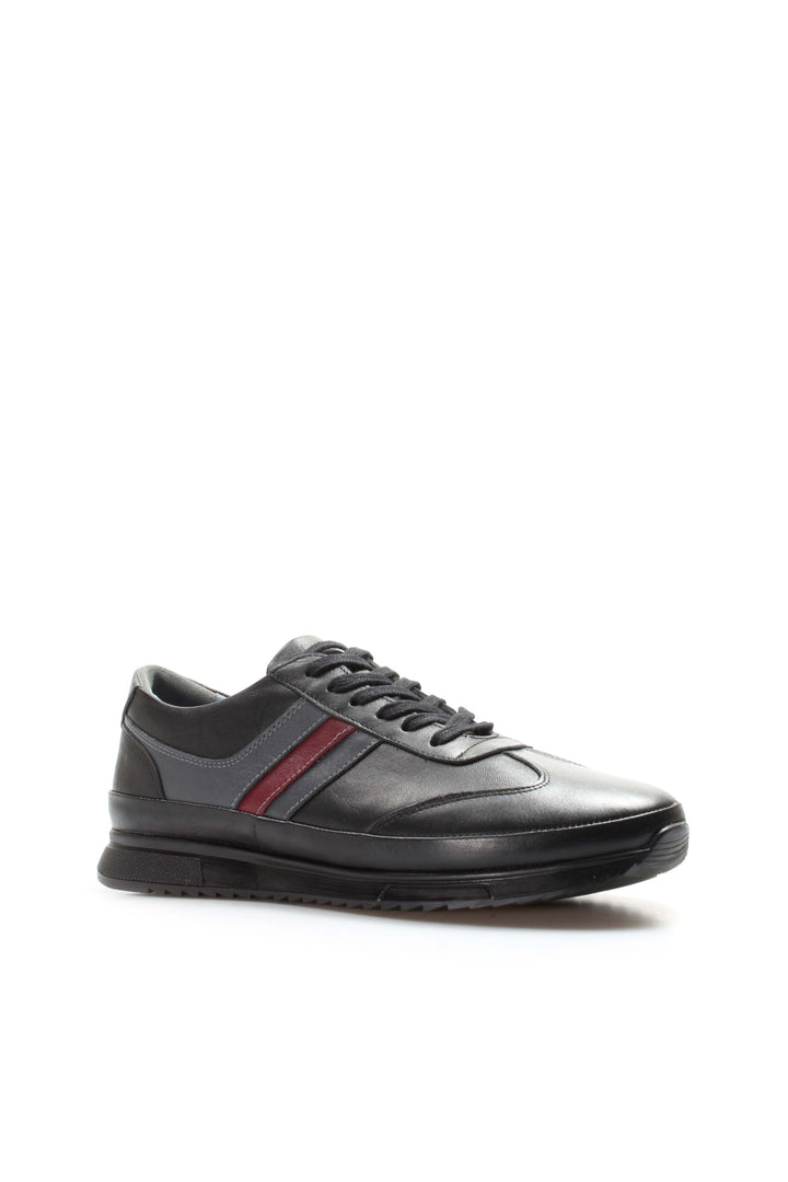Men's Dark Brown Leather Sneakers with Burgundy Stripe - Wessi