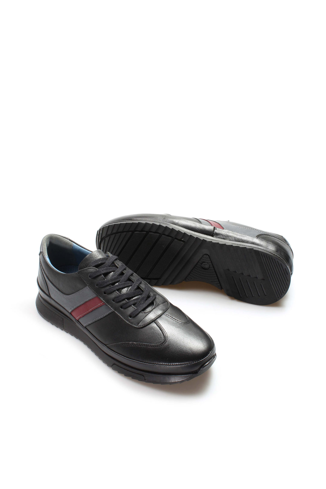 Men's Dark Brown Leather Sneakers with Burgundy Stripe - Wessi