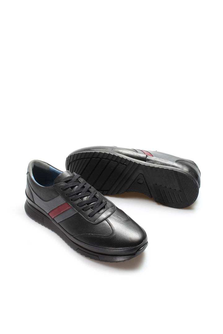 Men's Dark Brown Leather Sneakers with Burgundy Stripe - Wessi