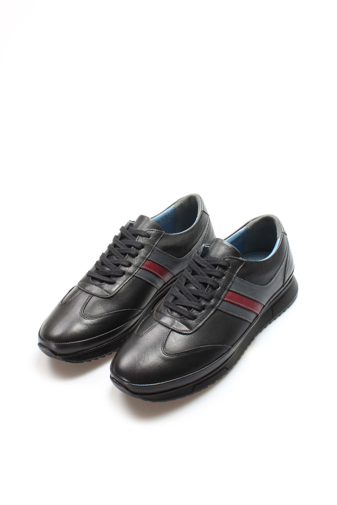 Men's Dark Brown Leather Sneakers with Burgundy Stripe - Wessi