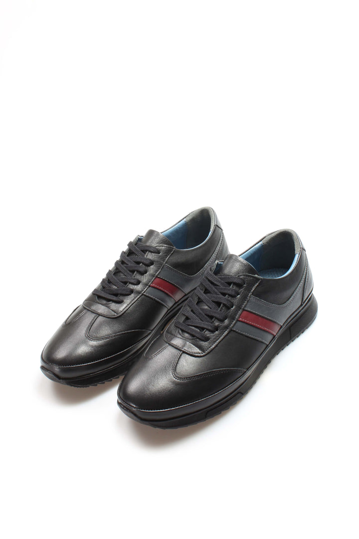 Men's Dark Brown Leather Sneakers with Burgundy Stripe - Wessi