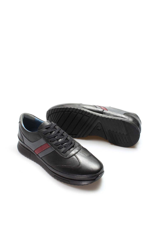Men's Dark Brown Leather Sneakers with Burgundy Stripe - Wessi