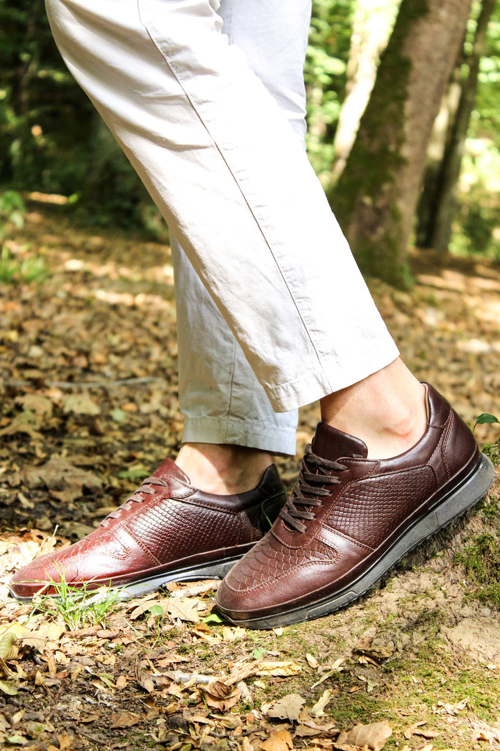 Men's Brown Leather Sneakers with Embossed Croc Texture - Wessi