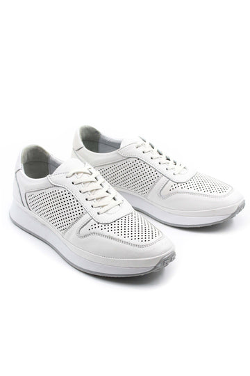 Men's White Perforated Leather Sneakers-Wessi