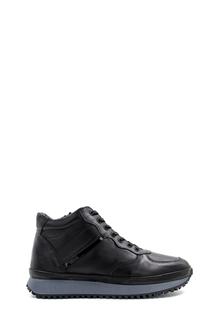 Men's Black Leather High-Top Sneakers with Cushioned Sole and Lace-Up Design - Wessi