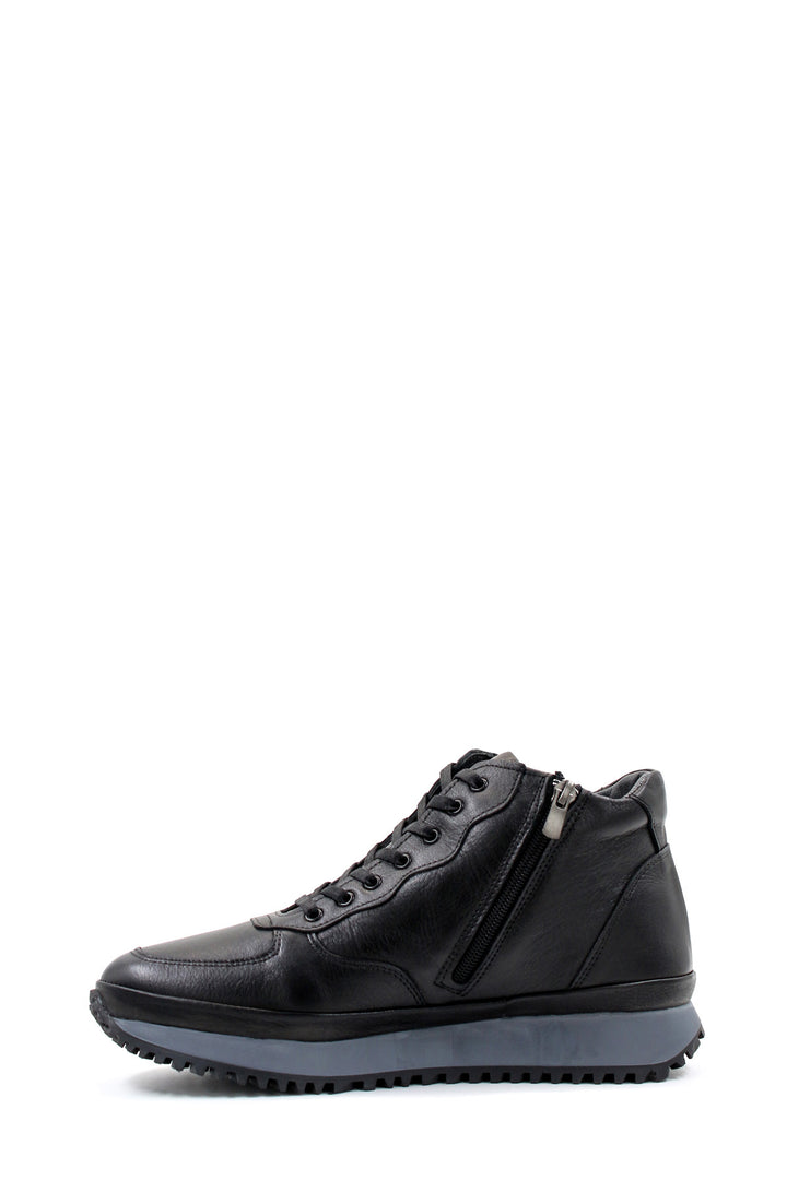 Men's Black Leather High-Top Sneakers with Cushioned Sole and Lace-Up Design - Wessi