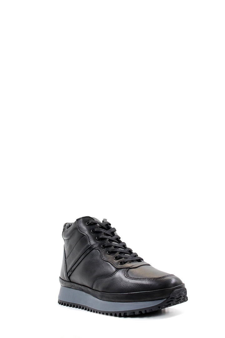 Men's Black Leather High-Top Sneakers with Cushioned Sole and Lace-Up Design - Wessi