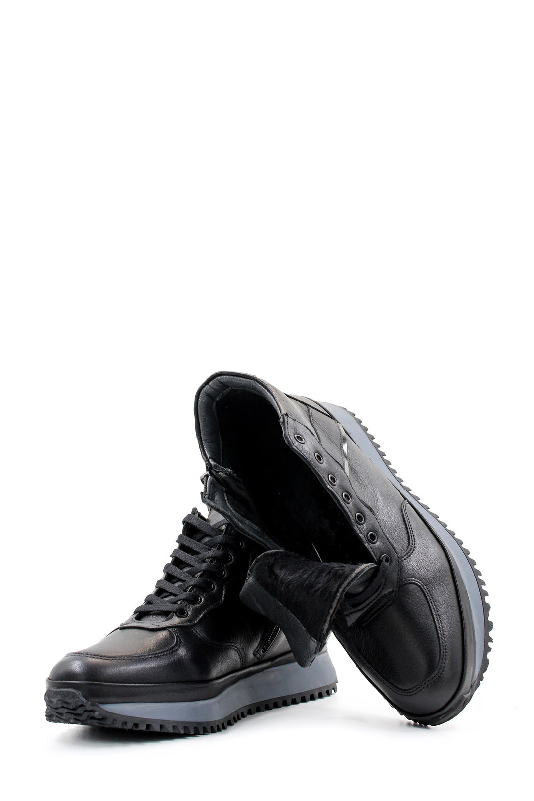 Men's Black Leather High-Top Sneakers with Cushioned Sole and Lace-Up Design - Wessi
