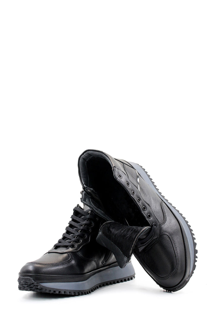 Men's Black Leather High-Top Sneakers with Cushioned Sole and Lace-Up Design - Wessi