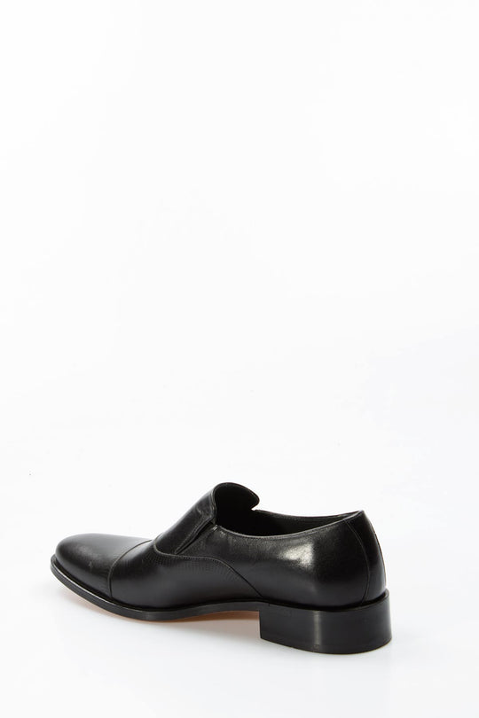 Men's Black Leather Slip-On Shoes with Cap Toe - Wessi